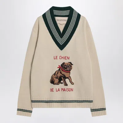 Valentino Butter-coloured Sweater With Le Chien De La Maison Embroidery In Nude
