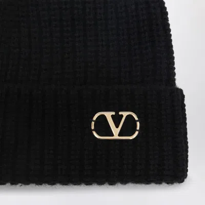 Valentino Garavani Cashmere Ribbed Texture Beanie With Turn-up Brim In Black