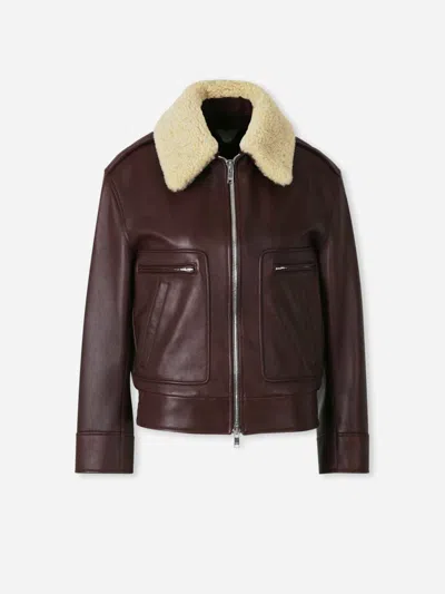 Bottega Veneta Brown Shearling Coat With Removable Fur Collar And Front Zip Closure In Leather Woman In Burgundy