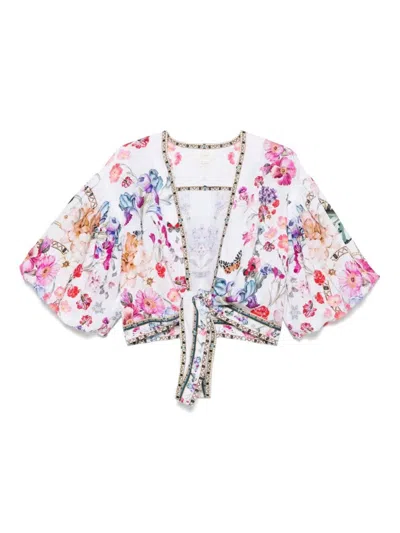 Camilla White V-neck Crop Top With Knot Detailing And Wide Sleeves