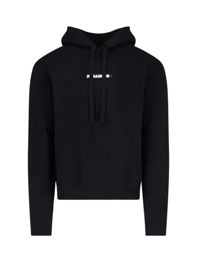 Jil Sander Relaxed Fit Black Cotton Hoodie With Logo Print In Black