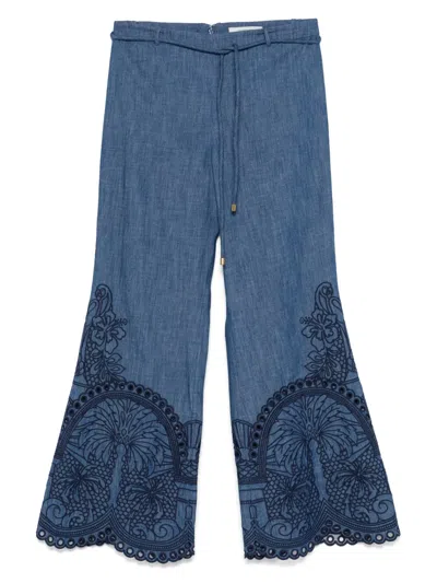 Zimmermann Coco Belted Embroidered Cotton-chambray Flared Pants