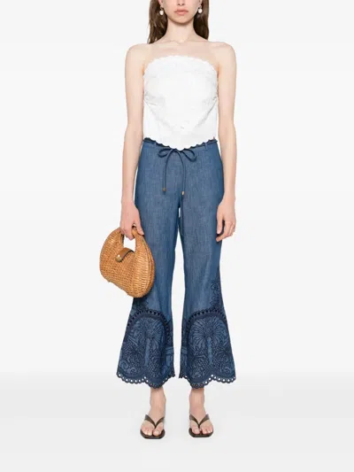 Zimmermann Coco Belted Embroidered Cotton-chambray Flared Pants