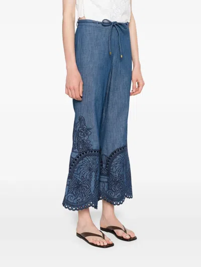 Zimmermann Coco Belted Embroidered Cotton-chambray Flared Pants