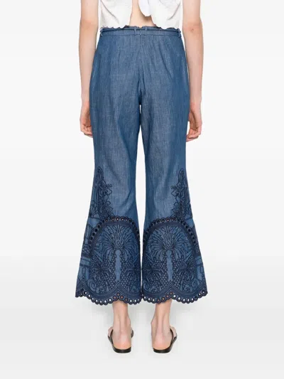 Zimmermann Coco Belted Embroidered Cotton-chambray Flared Pants