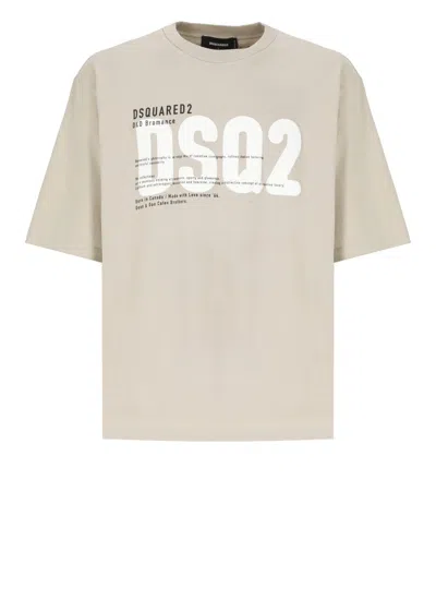 Dsquared2 Beige Crewneck T-shirt With Maxi Logo Print On The Front In Cotton Man In Nude