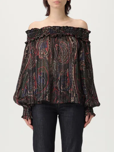 Saint Laurent Smocked Off-the-shoulder Blouse Ruffled Neckline In Brown