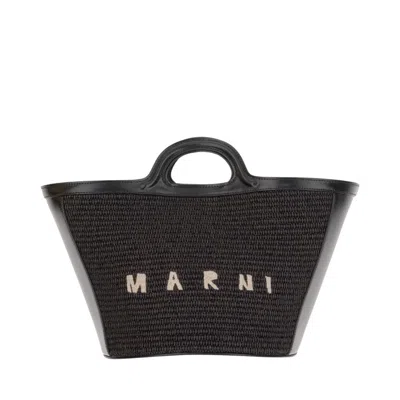 Marni Women Black Leather And Raffia Small Tropicalia Summer Handbag