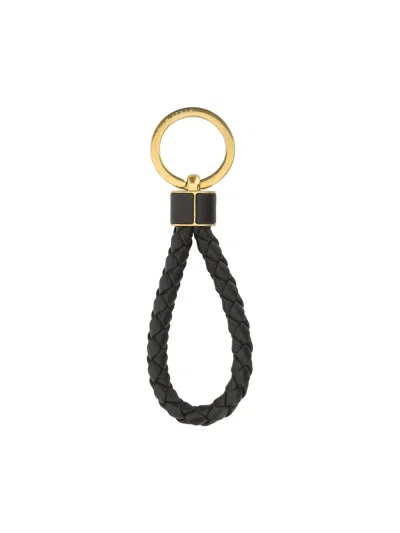 Bottega Veneta Intrecciato Leather And Gold-tone Keyring In Black