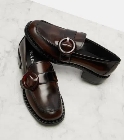 Prada Brushed Leather Moccasins In Burnt Color In Brown