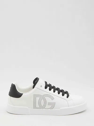 Dolce & Gabbana White And Black Leather Sneakers In White