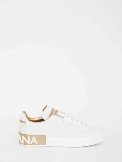 Dolce & Gabbana Portofino White And Gold Low Top Sneakers With Logo In Leather Woman