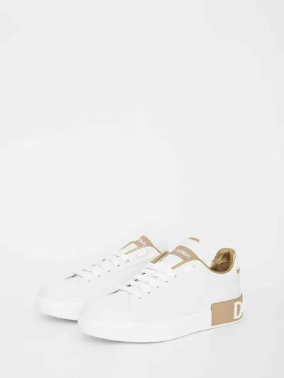 Dolce & Gabbana Portofino White And Gold Low Top Sneakers With Logo In Leather Woman