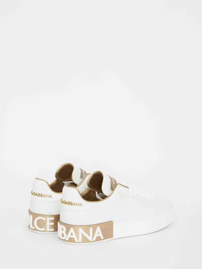 Dolce & Gabbana Portofino White And Gold Low Top Sneakers With Logo In Leather Woman