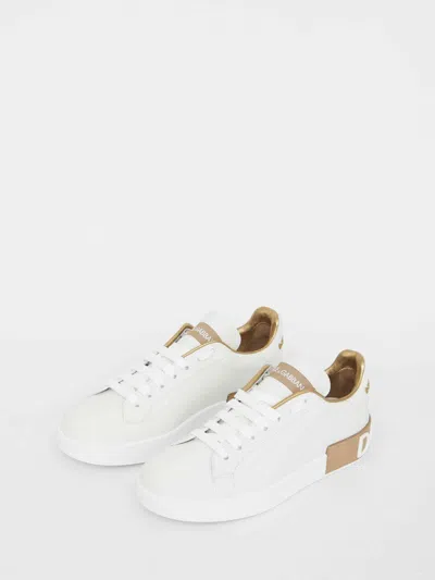 Dolce & Gabbana Portofino White And Gold Low Top Sneakers With Logo In Leather Woman
