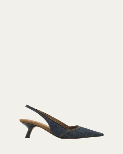 Brunello Cucinelli Denim Pointed-toe Slingback Pumps With Monili Trim In Blue