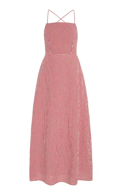 Posse Lori Open-back Gingham Linen-seersucker Maxi Dress In Red