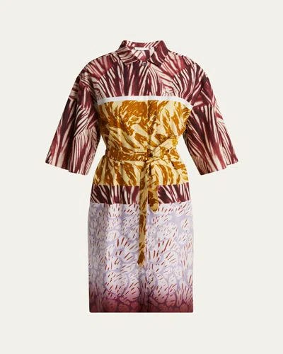 Dries Van Noten Womens Burgundy Abstract-print Belted Cotton-poplin Midi Dress