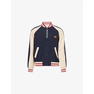Valentino Wool And Cotton Bomber Jacket With Vlogo And Chat De La Maison Patch In Blue