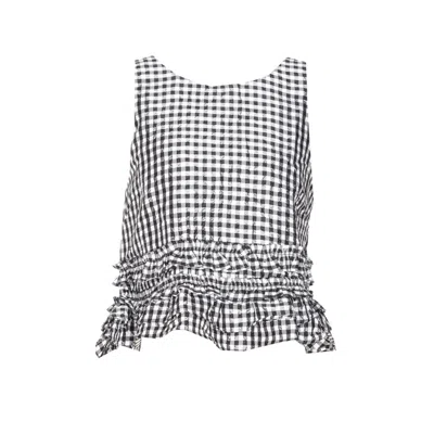 Ganni Crinkled Taffeta Check Open Back Frill Top In Black