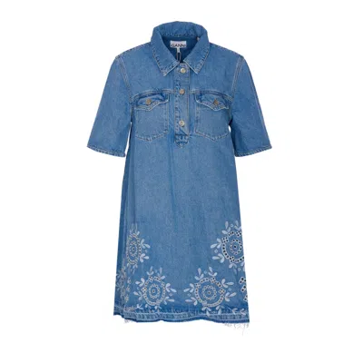 Ganni Denim Dress With Embroidered Hem And Pockets In Blue