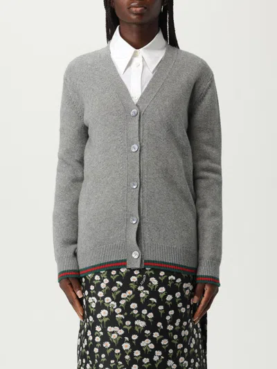 Gucci Wool And Cashmere Cardigan With Web Band In Gray