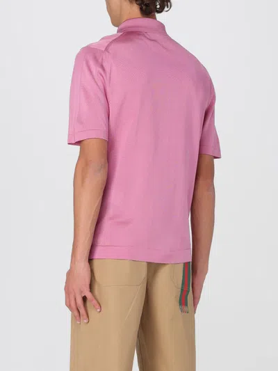 Gucci Pink Polo Shirt With Chest Pocket And Embroidered Logo On The Front In Fine Silk Knit Man In Animal Print