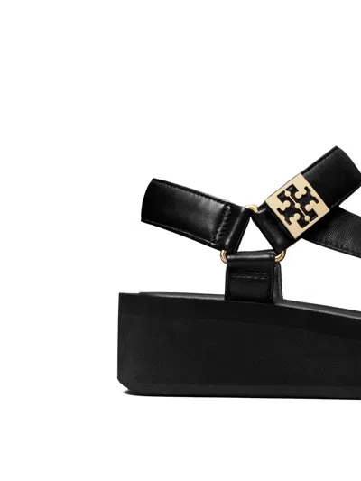 Tory Burch Round Toe Leather Platform Sandals With Ankle Strap In Black