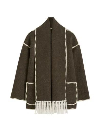 Totême Womens Chocolate Melange Embroidered-trim Scarf Wool-blend Jacket