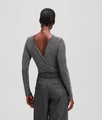 Karl Lagerfeld Metallic Rhinestone Bodysuit In Gray