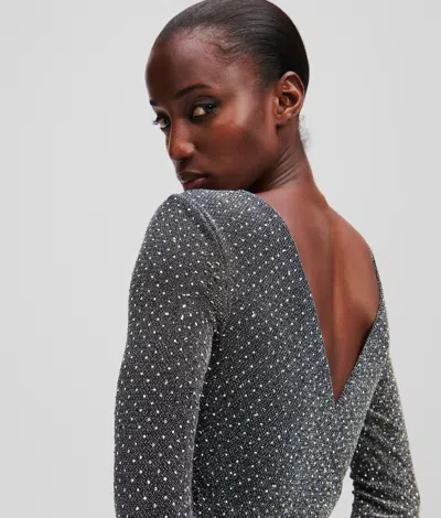 Karl Lagerfeld Metallic Rhinestone Bodysuit In Gray
