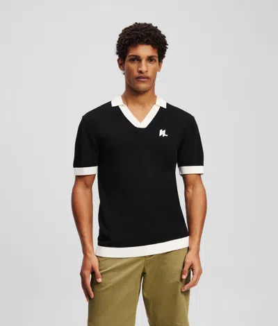 Karl Lagerfeld Monogram Knitted Polo Shirt In Black