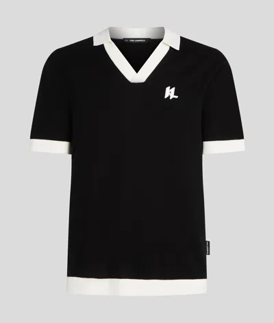 Karl Lagerfeld Monogram Knitted Polo Shirt In Black
