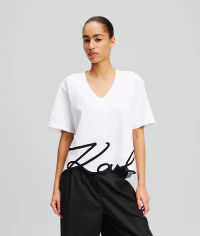 Karl Lagerfeld Signature Hem V-neck T-shirt In White