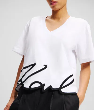 Karl Lagerfeld Signature Hem V-neck T-shirt In White