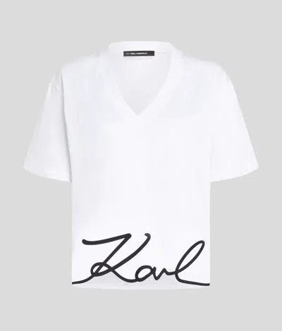 Karl Lagerfeld Signature Hem V-neck T-shirt In White