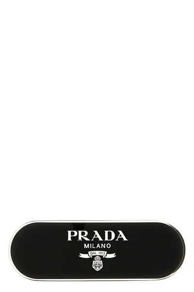Prada Enameled Hair Clip With Logo In Black