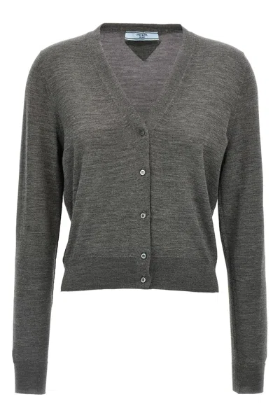 Prada V-neck Lightweight Knit Wool Cardigan In Gray
