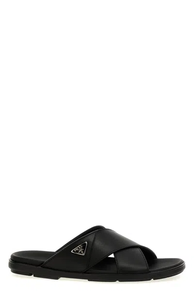 Prada Triangle Logo Criss-cross Sandals In Black