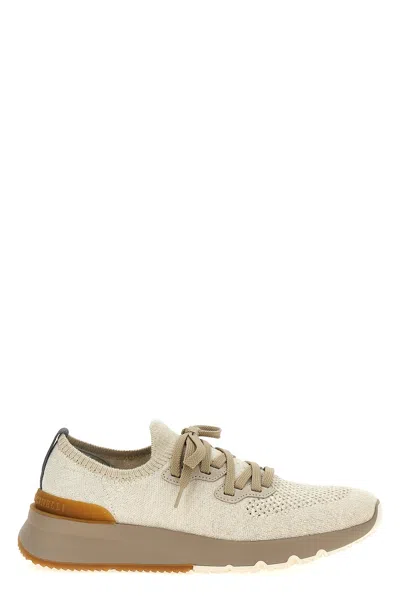 Brunello Cucinelli Beige Knit Sneakers Round Tip
