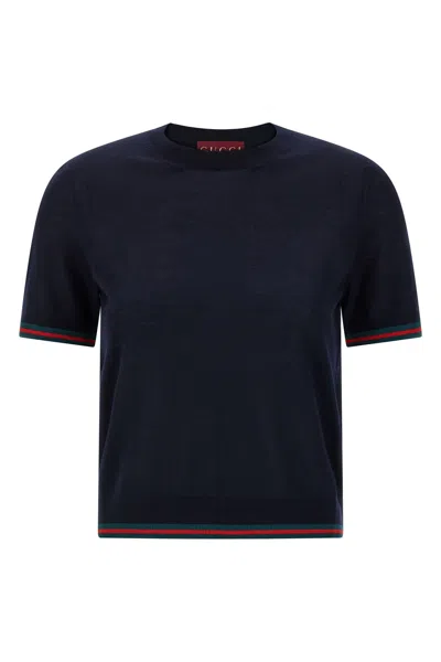 Gucci Women Blue T-shirt With Web Detail On The Edges In Cashmere And Silk Blend Woman