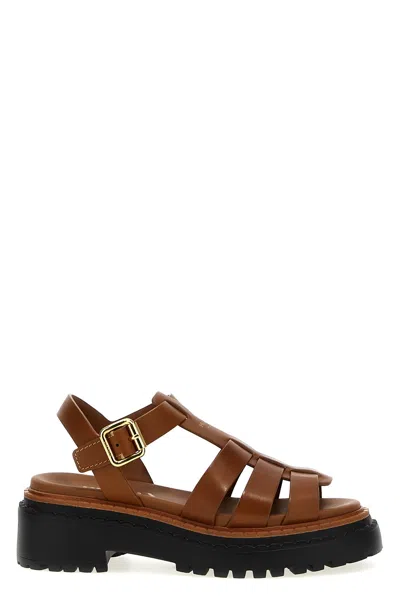 Prada Brown Leather Sandal With Logo In Brown