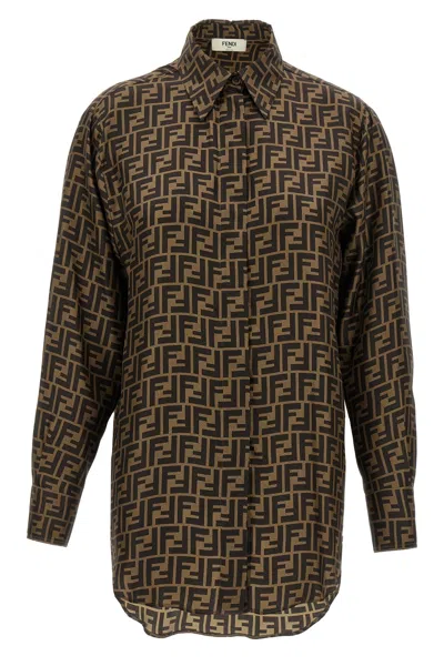 Fendi Silk Shirt With Curved Hem And Fabric-covered Buttons In Brown