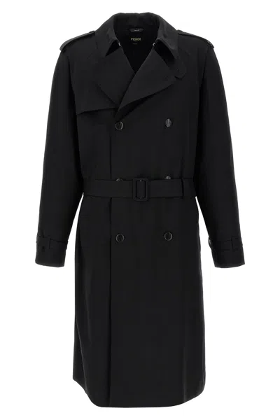 Fendi Trench Coat Wool Belted Waist In Black