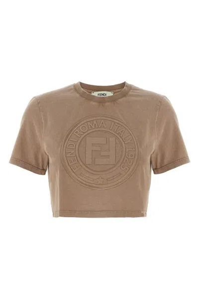 Fendi Beige Washed-out Cropped T-shirt With Logo In Neutral