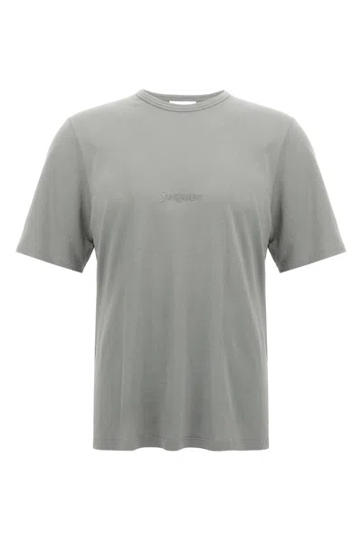 Saint Laurent Tonal Logo Embroidery Cotton T Shirt In Gray
