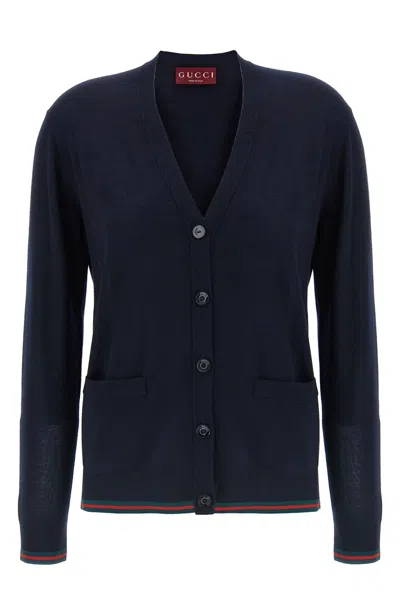 Gucci Women Blue Cardigan With Web Detail On The Edges In Cashmere And Silk Blend Woman In Black