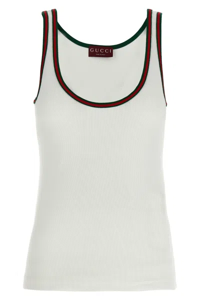 Gucci Women White Ribbed Top With Web Detail On The Edges In Cotton Woman