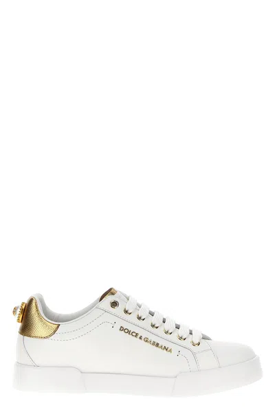 Dolce & Gabbana Sneakers Portofino In Pelle Bianca E Oro Dolce E Gabbana