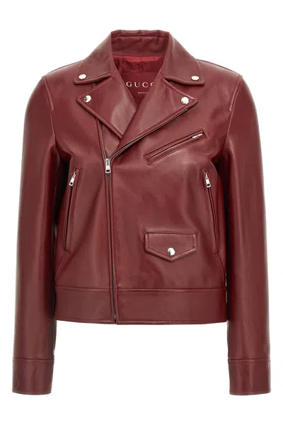 Gucci Leather Biker Jacket Puffer Jackets Brown In Red